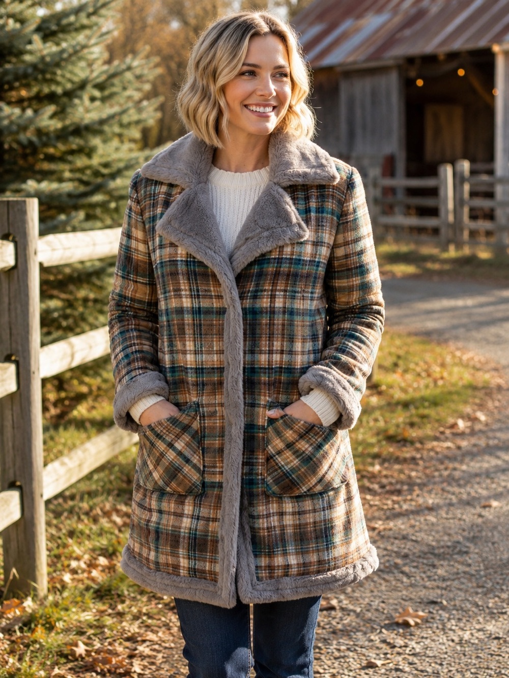 Blank NYC Plaid Sherpa Coat Shacket Faux Fur Trim Brown Green Oversized XS S